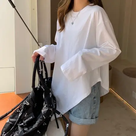 不规则下摆长袖T恤女2023新款春秋装宽松显瘦设计感小众别致上衣商品大图