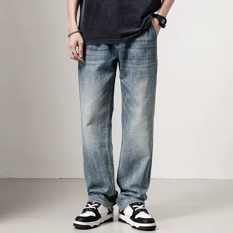 美式宽松高街拼接牛仔裤男士直筒裤休闲裤子休闲裤垂感百搭牛仔裤商品大图