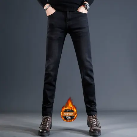 黑色加绒牛仔裤男冬季修身小脚2023新款高端弹力加厚保暖男士长裤商品大图