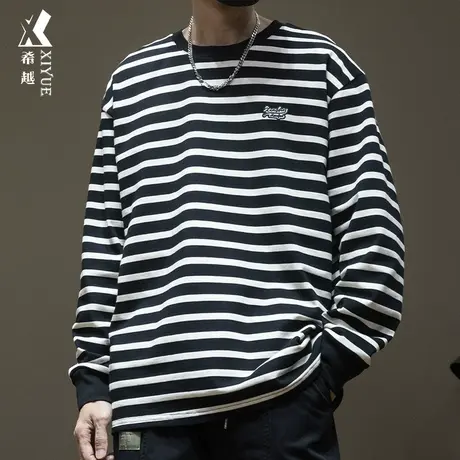 希越潮男条纹长袖T恤男宽松大码春季卫衣男士打底衫春秋上衣男款图片