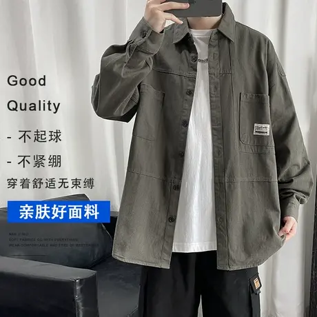 工装衬衫男长袖春秋季日系复古休闲外穿宽松青少年休闲衬衣外套商品大图