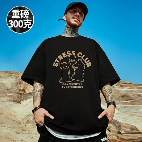 300g重磅美式字母印花短袖t恤街头大码黑色圆领纯棉简约胖子半袖商品大图