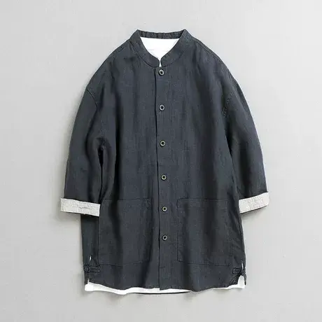 萨法瑞亚麻衬衫男立领半袖男士盘扣七分袖棉麻休闲复古衬衣外套潮图片