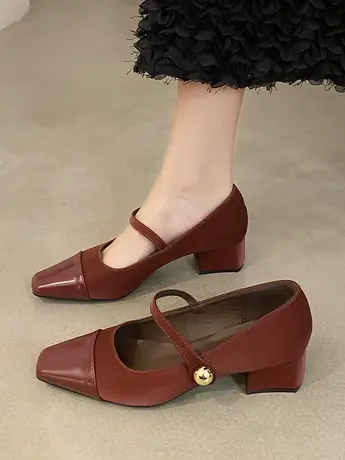 法式中跟晚晚风温柔红色单鞋女鞋子2023年新款春秋季复古玛丽珍鞋商品大图