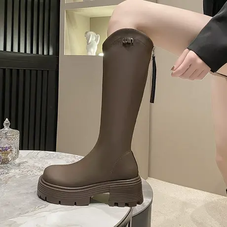 长筒靴女2023新款冬季复古厚底增高显瘦靴子法式小个子粗跟骑士靴图片