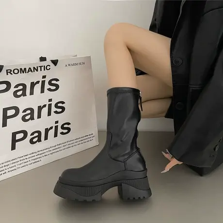 高跟短靴女款2023新款春秋季单靴厚底马丁靴百搭瘦瘦靴子女中筒靴图片