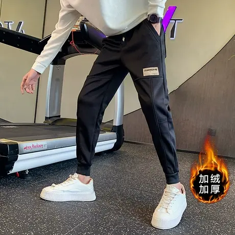 秋冬款运动男裤韩版修身束脚加绒休闲裤潮牌个性拼接小脚哈伦卫裤商品大图