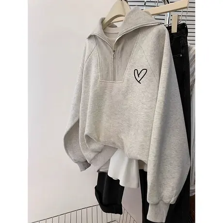 即墨卫衣女大码Polo领加绒无帽上衣休闲简约风ins潮秋冬情侣外套商品大图