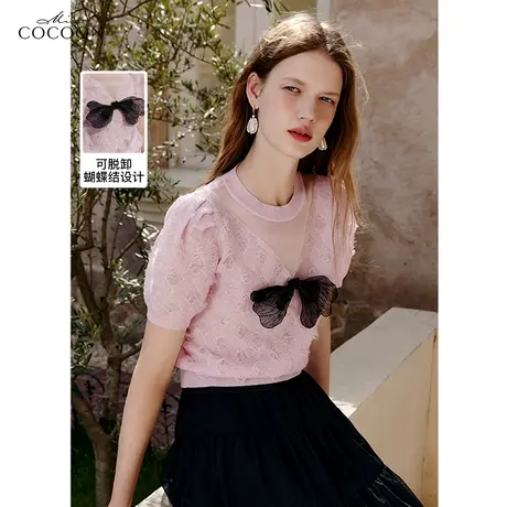 missCOCOON流苏短袖针织衫女2023夏季新款宽松V领套头泡泡袖上衣商品大图