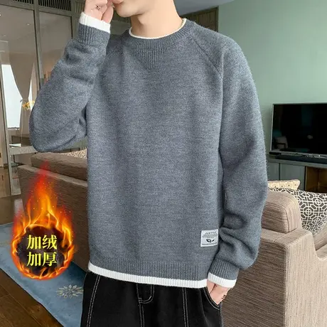 假两件毛衣男士秋冬季新款潮牌休闲内搭加绒加厚打底衫针织套头衫商品大图