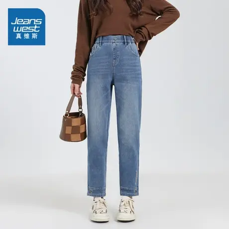 JW真维斯女装2023冬季新款 时尚加绒骑兵斜贴水晶绒修身牛仔裤商品大图