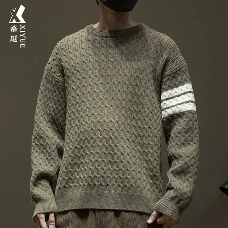 希越800g重磅北极绒毛衣男2023冬季宽松大码撞色提花圆领针织衫潮商品大图