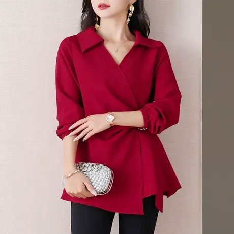 伊自尚大码女装波尔多红收腰显瘦衬衫春季新款胖mm气质设计感上衣图片