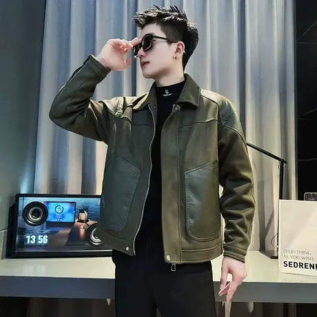 皮衣夹克男秋冬2023新款加绒加厚拼接设计感轻熟翻领潮牌工装外套商品大图