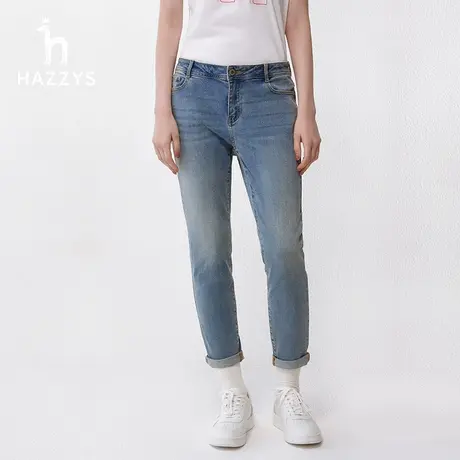 【锥形裤】Hazzys哈吉斯春季修身小个子休闲裤子水洗磨白牛仔裤女商品大图