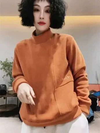 2023秋冬奥利绒高领卫衣加绒加厚宽松套头衫休闲刺绣打底上衣女潮商品大图