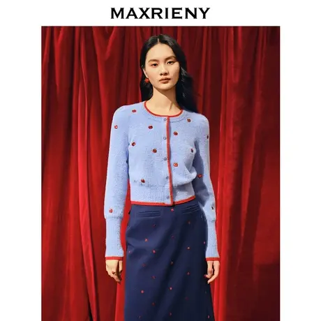 [3件8折]MAXRIENY苹果刺绣针织衫修身优雅复古红蓝撞色毛衫商品大图
