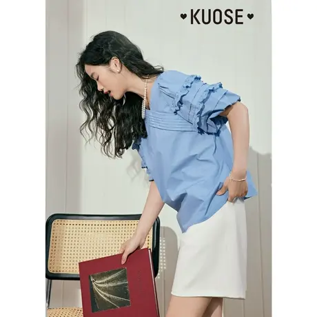 阔色法式花苞袖衬衫女2023新款夏季蓝色设计感衬衣气质上衣商品大图