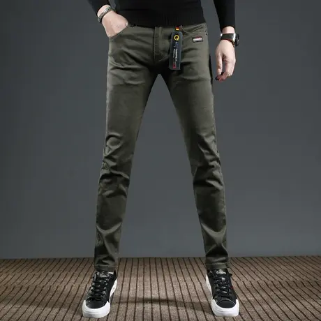 军绿色高端休闲牛仔裤男款春秋款修身小脚弹力百搭男士裤子春秋季图片