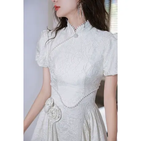 白色旗袍晚礼服裙女高级感法式小个子中长款宴会气质名媛连衣裙图片