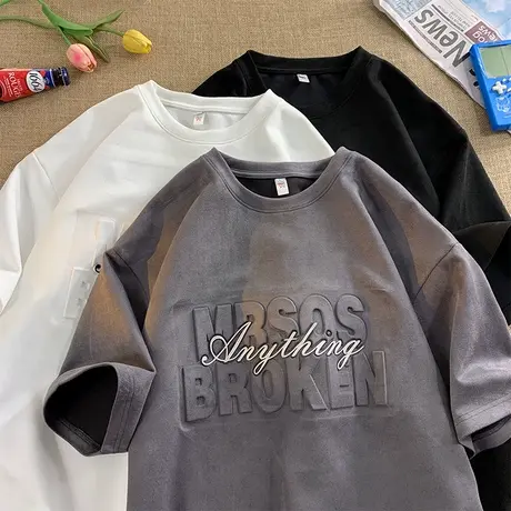 麂皮绒钢印设计感t恤短袖男款夏季美式复古半袖上衣服五分袖体恤商品大图