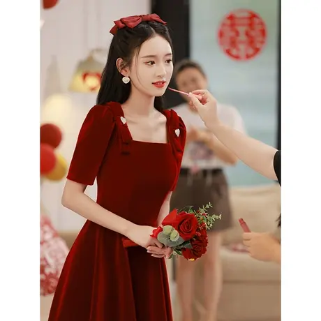 敬酒服新娘2024新款酒红色小个子结婚订婚礼服连衣裙女法式蝴蝶结图片