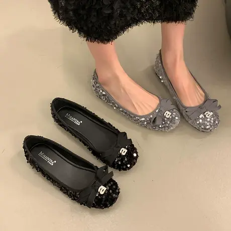 法式女鞋2024年春秋季新款晚晚温柔浅口单鞋蝴蝶结平底通勤奶奶鞋商品大图