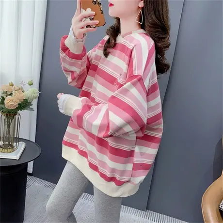 宽松慵懒风条纹卫衣女2023早秋新款洋气减龄网红百搭春秋薄款上衣商品大图