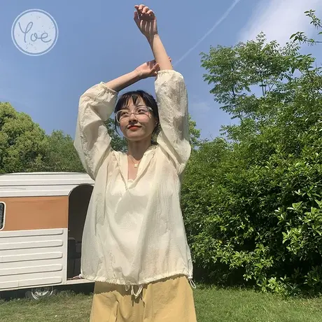 yoe奶黄轻薄透气春秋长袖网红ins简约百搭连帽空调衫宽松百搭上衣图片