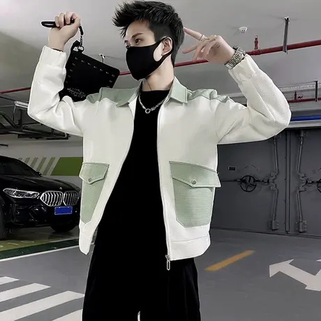 春季潮牌拼接撞色口袋设计感工装夹克男韩版休闲痞帅短款外套上衣商品大图