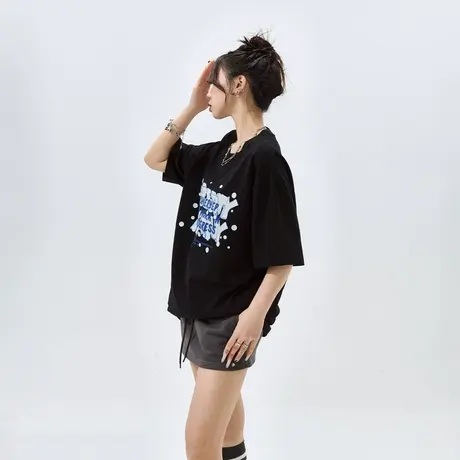 YEP黑色印花短袖t恤女夏季2024新款街头潮牌情侣宽松oversize上衣图片