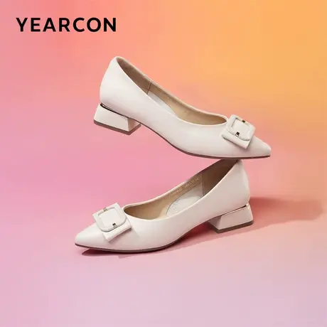 意尔康女鞋2024春季尖头浅口粗跟单鞋女士真皮法式通勤职业工作鞋商品大图