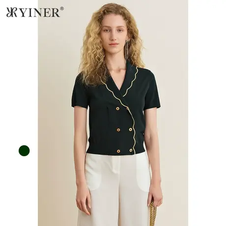 YINER音儿女装夏季V领翻领双排扣针织衫上衣图片