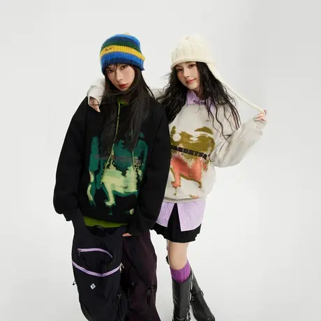 潮牌设计感印花圆领卫衣女春秋2024年新款复古情侣装宽松无帽上衣商品大图