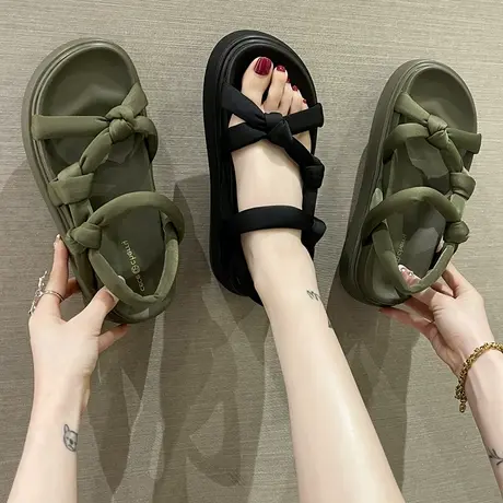 露趾凉鞋女2024年夏季新款百搭小众复古松糕底厚底一脚蹬罗马鞋女商品大图