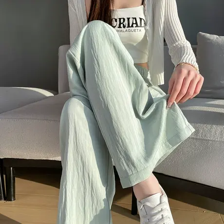 皱褶阔腿裤女夏季薄款高腰宽松垂感显瘦冰丝压皱休闲直筒拖地裤子图片