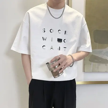 个性字母印花短袖T恤男夏季ins韩版休闲潮牌半袖上衣小众落肩潮T商品大图