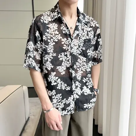 夏季碎花短袖衬衫ins潮流小众高级感半透明半袖衬衣轻熟夜店寸衫商品大图