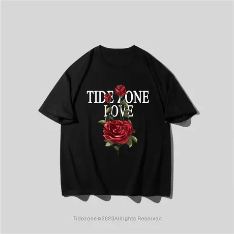 Ohlyah夏季情侣国潮牌暗黑涂鸦玫瑰短袖T恤男女宽松欧美半袖体恤图片