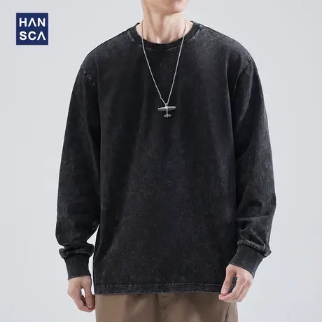 hansca 重磅长袖t恤男潮牌春季纯色圆领宽松美式复古休闲内搭卫衣图片