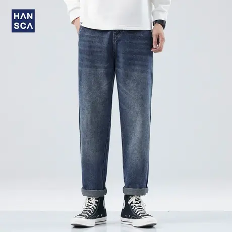 hansca复古牛仔裤男2023新款秋季新款潮牌水洗做旧宽松直筒长裤子商品大图