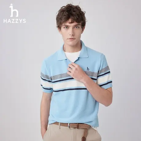 Hazzys哈吉斯春季新品男士休闲短袖针织衫上衣条纹撞色翻领POLO衫图片
