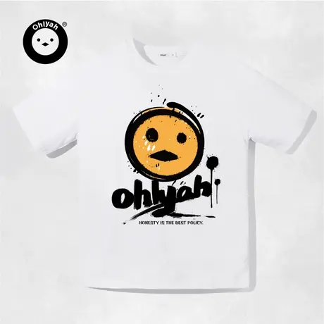 Ohlyah设计师原创卡通品牌涂鸦橙色小鸡印花纯棉中性短袖T恤男女图片