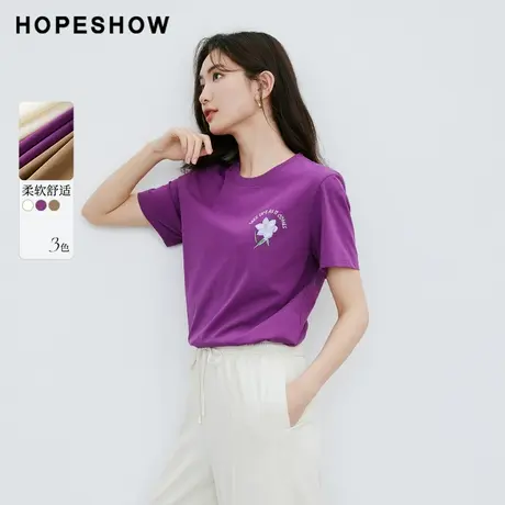 红袖主题印绣花圆领套头T恤hopeshow2024夏季新款H型宽松短袖女商品大图