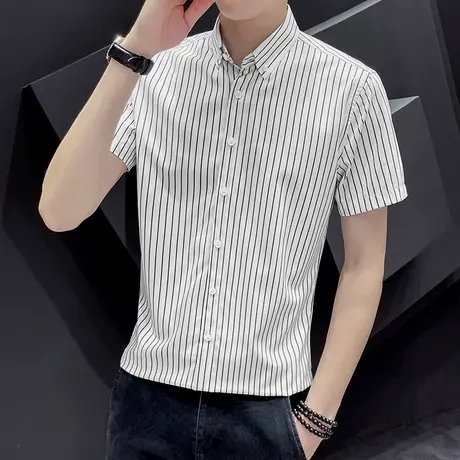 男士短袖条纹衬衫韩版潮流夏季休闲修身半袖衬衣帅气百搭男装寸衫商品大图