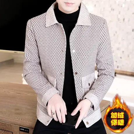 秋冬季英伦加厚夹克男士韩版修身加绒呢子外套青年拼色潮牌上衣服商品大图