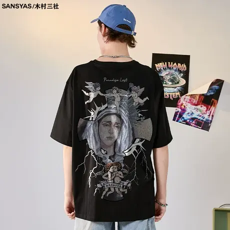 木村三社x救赎系列国潮失乐园短袖t恤男纯棉宽松潮牌学生青年上衣图片