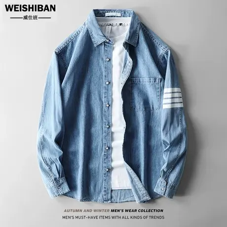 日系复古薄款牛仔衬衣男2023年春秋季水洗纯色痞帅衬衫tB风外套男图片