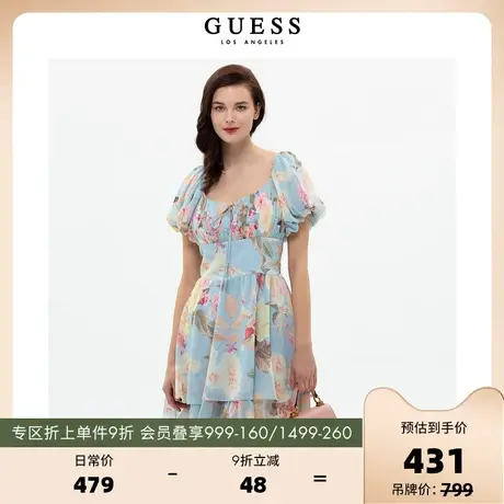 GUESS 23新女气质雪纺碎花连衣裙方领泡泡袖灯笼裙-W3GK29WDW52图片