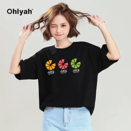 Ohlyah品牌 韩版宽松黑色t恤短袖女装纯棉2023春夏新款百搭上衣服图片